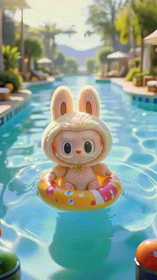 Labubu Playing With Lifebuoy On Beach Vacation